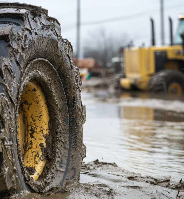 Heavy equipment wheel submerged in water at flooded construction site
