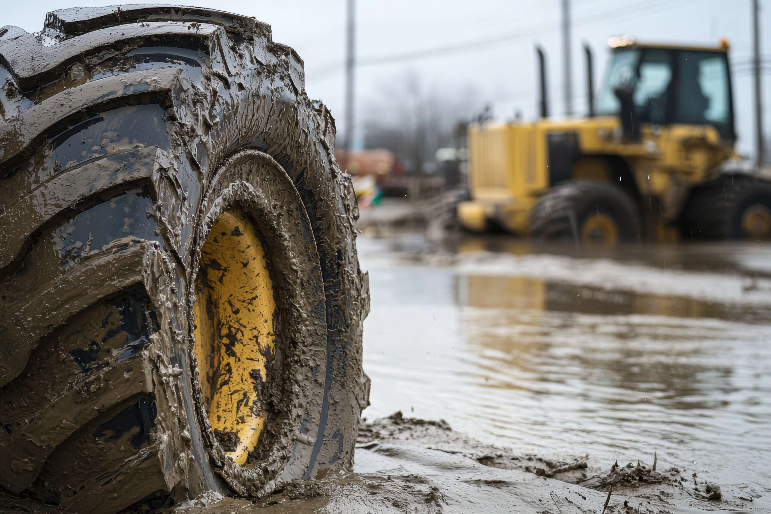 Heavy equipment wheel submerged in water at flooded construction site